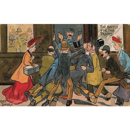 Rush Hour Battle For The Trains Station Disaster Old Comic Postcard