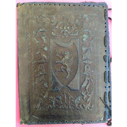 Leather book protective over sleeve circa 1880 blue with heraldic crest