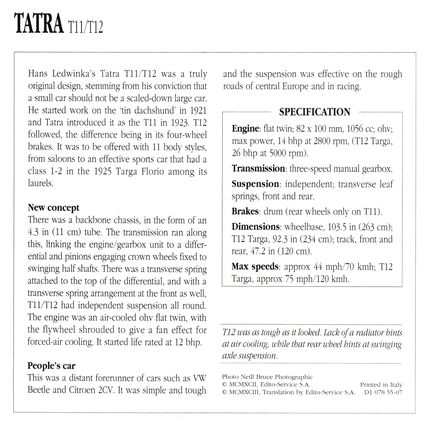 Collectors Club card. Classic Cars. Tatra T11/T12