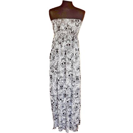 Strapless Dress Sculls Print Long Cotton Elasticated White Black Size S