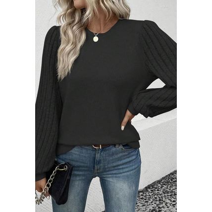 Black Contrast Ribbed Bishop Sleeve Top