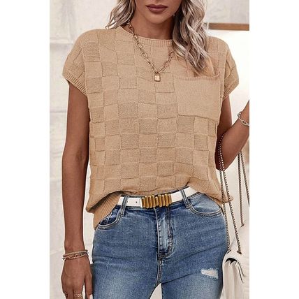 Smoke Gray Lattice Textured Knit Short Sleeve Sweater