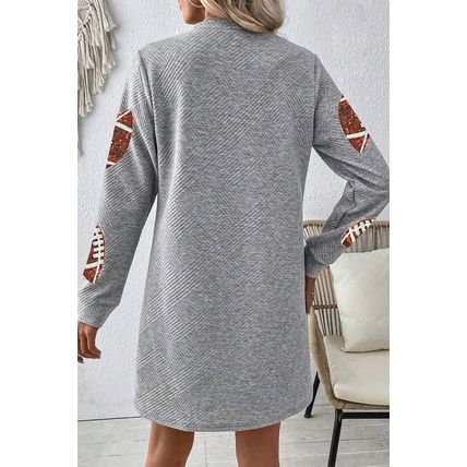 Gray Sequin Rugby Football Graphic Textured Long Sleeve Shift Mini Dress