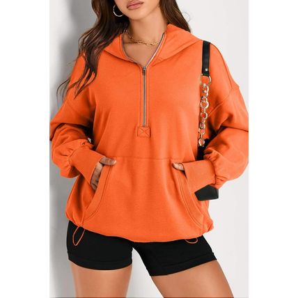 Orange Solid Kangaroo Pocket Half Zipper Oversized Hoodie
