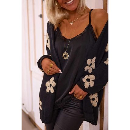 Black Floral Print Knitted Open Front Loose Cardigan