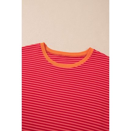 Orange Stripe Plus Size Drop Shoulder Long Sleeve Buttoned Decor Top