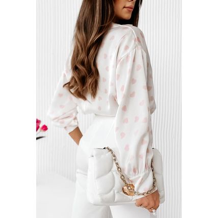 White Love Heart Print Drop Shoulder Puff Sleeve Shirt