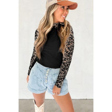 Black Floral Lace Patchwork Long Sleeve High Neck Slim Top