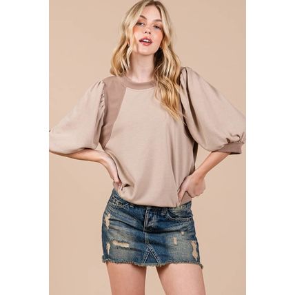 Goat Half Lantern Sleeve Solid Colour Pullover Top
