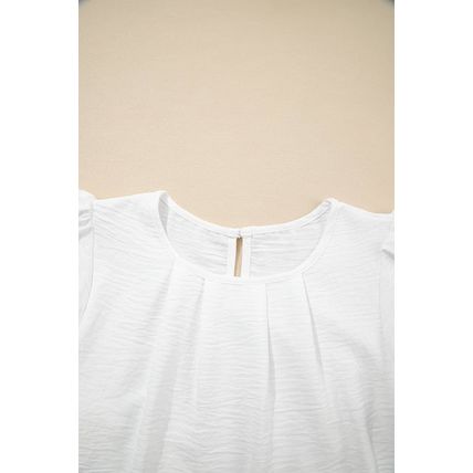 White Flounce Sleeve Pleated Textured Blouse