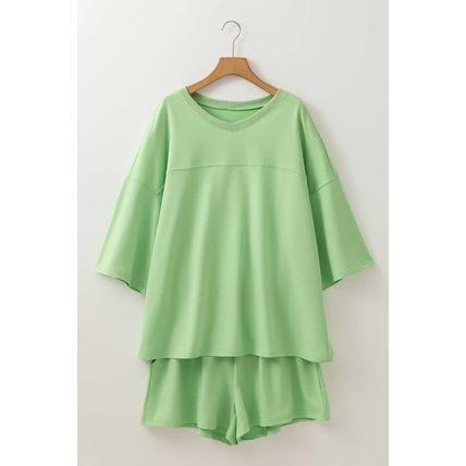 Meadow Mist Green Plus Size V Neck Drop Shoulder Tee Loose Shorts 2pcs Outfit