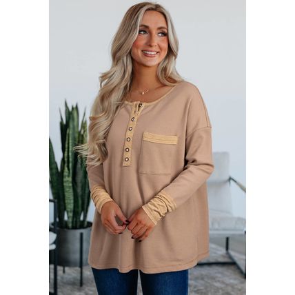 Dark Khaki Color Block Waffle Textured Tunic Henley Top with Slits