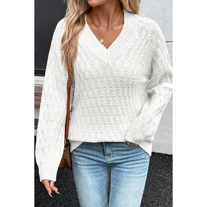 White Textured Knit Ribbed Edge V Neck Loose Sweater