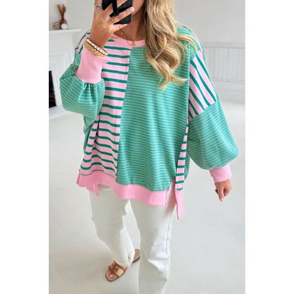 Green Stripe Mix Pattern Color Block Patchwork Side Slit Baggy Sweatshirt