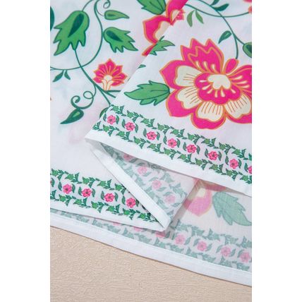 White Floral Print Half Button Mandarin Neck 3/4 Sleeve Maxi Dress