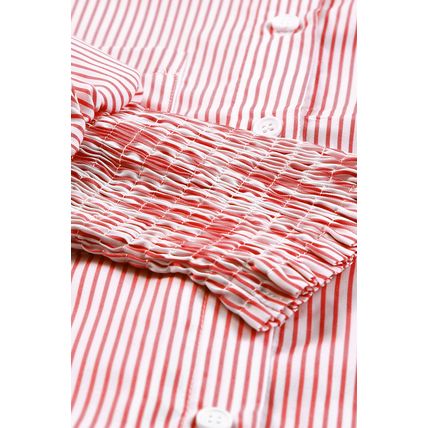 Red Stripe Smocked Cuffed Striped Boyfriend Shirt with Pocket