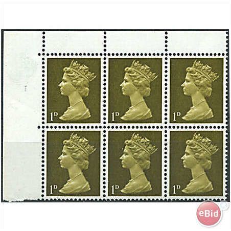 1967 SG724Ey 1d Light Olive MISSING PHOSPHOR U/M Block6