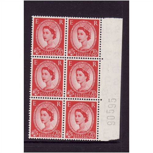 GREAT BRITAIN 1952 SG 519 2 1/2d CARMINE TUDOR CROWNS BLOCK 6 U/M MINT#3
