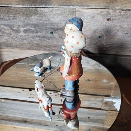 Figurine - Boy & Girl Walking dogs - Brisk Walk - Stocking Caps - Scarves