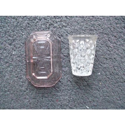 Vintage CUT/PRESSED GLASS PIN DISH & OTHER CORAL PINK & CLEAR SMALL **GC**