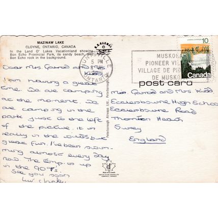 Mazinaw Lake Cloyne Ontario Canada Postcard posted 1975 creased
