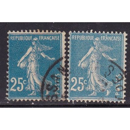 FRANCE 1906 SOWER 25c BLUE 2 X SHADES USED SG339 X 2