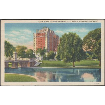 Lake in Public Garden & Ritz-Carlton Hotel, Boston MA, 1936 - United Art Co PC