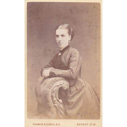 VICT. CDV PHOTO , LADY LEANING ON CHAIR.EARRINGS BY F.R. ELWELL, LONDON