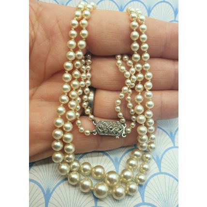 Vintage 1950s Double Strand Glass Pearl Bead Necklace with Sterling Silver Clasp