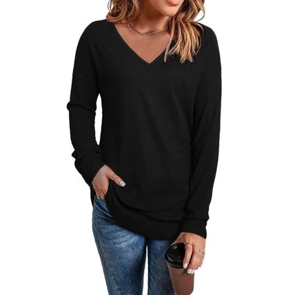 Black Solid Color V Neck Long Sleeve Knit Top