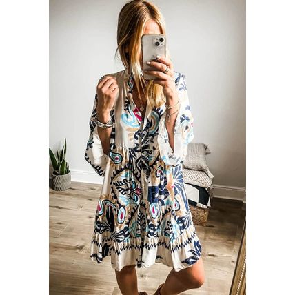 White Printed Tribal Print Bracelet Sleeve Buttoned Mini Dress