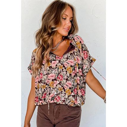 Pink Floral Print Bubble Hem Split Neck Blouse