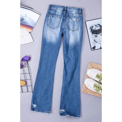 Blue Sequin Bowknot Print Distressed Flared Jeans