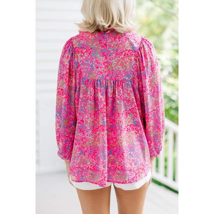 Purple Plus Size Floral Print Puff Sleeve V Neck Blouse
