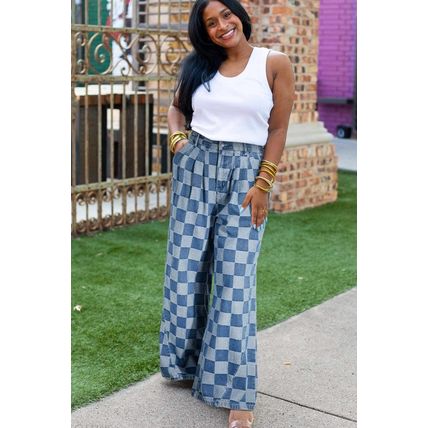 Dusk Blue Plus Size Checkered Seamed High Waist Wide Leg Jeans