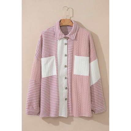 Pink Houndstooth Color Contrast Textured Patchwork Loose Shacket