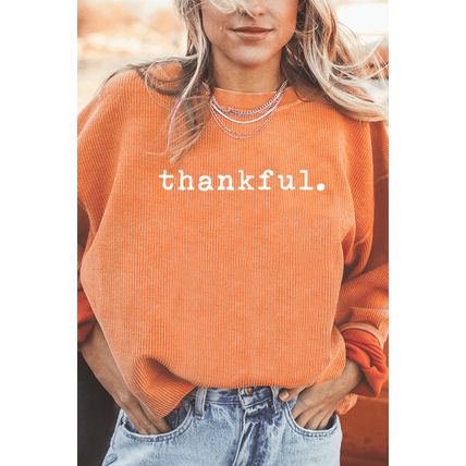 Orange Thankful Ribbed Crew Neck Thanksgiving Sweatshirt