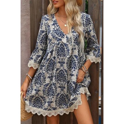 Sky Blue Vintage Printed Lace Trim V Neck 3/4 Sleeve Loose Dress