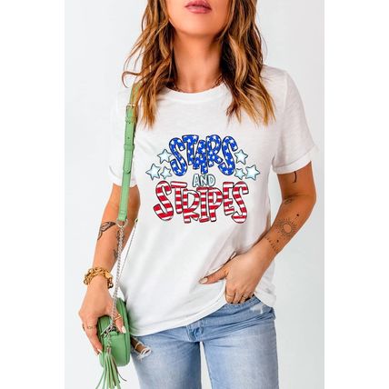 White Stars and Stripes Round Neck Graphic T Shirt