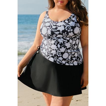 Black Plus Size Printed Square Neck Drawstring Ruffled Tankini Set