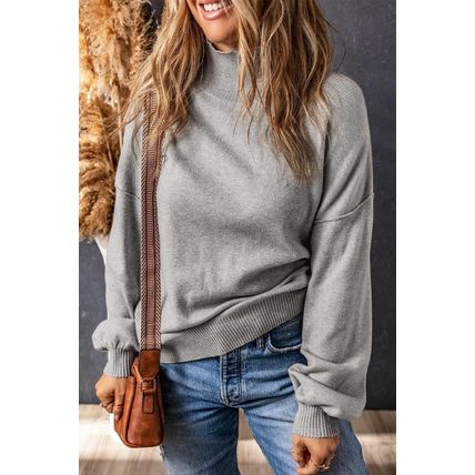 Gray Turtleneck Drop Shoulder Bubble Sleeve Knit Sweater