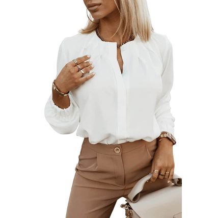 White Crew Neck Gathered Stretch Cuff Shirt