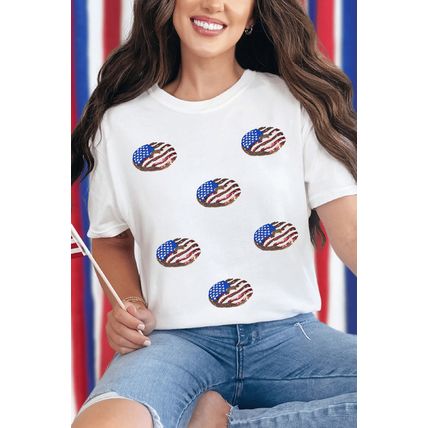 White Sequined Flag Pattern Donuts Graphic T Shirt