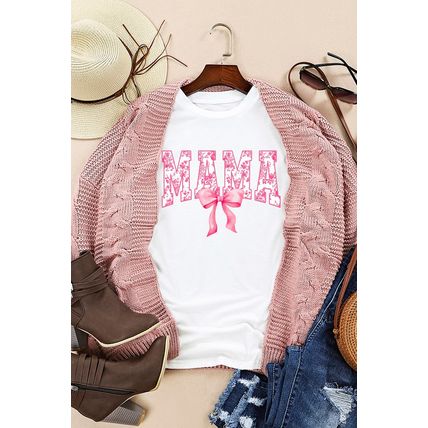 White Floral MAMA Lettering Bow Printed T Shirt