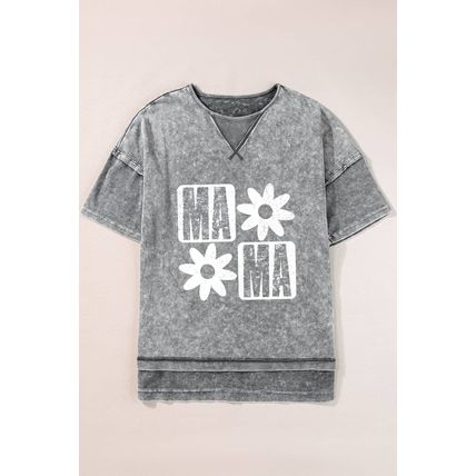 Philippine Gray MAMA Daisy Flower Graphic Mineral Wash Drop Shoulder Vintage Tee