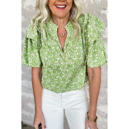 Light Green Floral Ruffle Puff Short Sleeve Frilled Collar V Neck Blouse