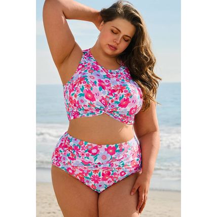 Rose Plus Size Floral Print Twisted High Waist Bikini Set