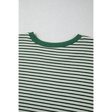 Green Stripe Trimmed Round Neck Plus Size Boxy Fit T-shirt