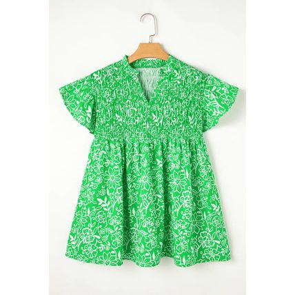 Green Floral Flutter Sleeve Shirred Notched Neck Plus Size Blouse