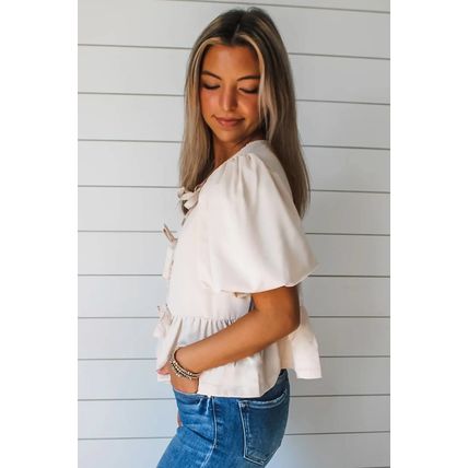 White Bow Tie Short Puff Sleeve Ruffle Hem Blouse